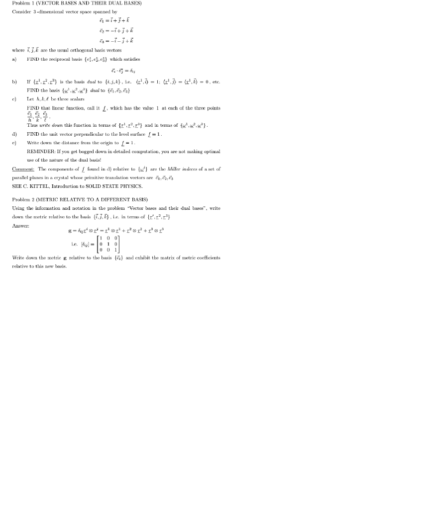 Problem 1 (VECTOR BASES AND THEIR DUAL BASES) | Chegg.com