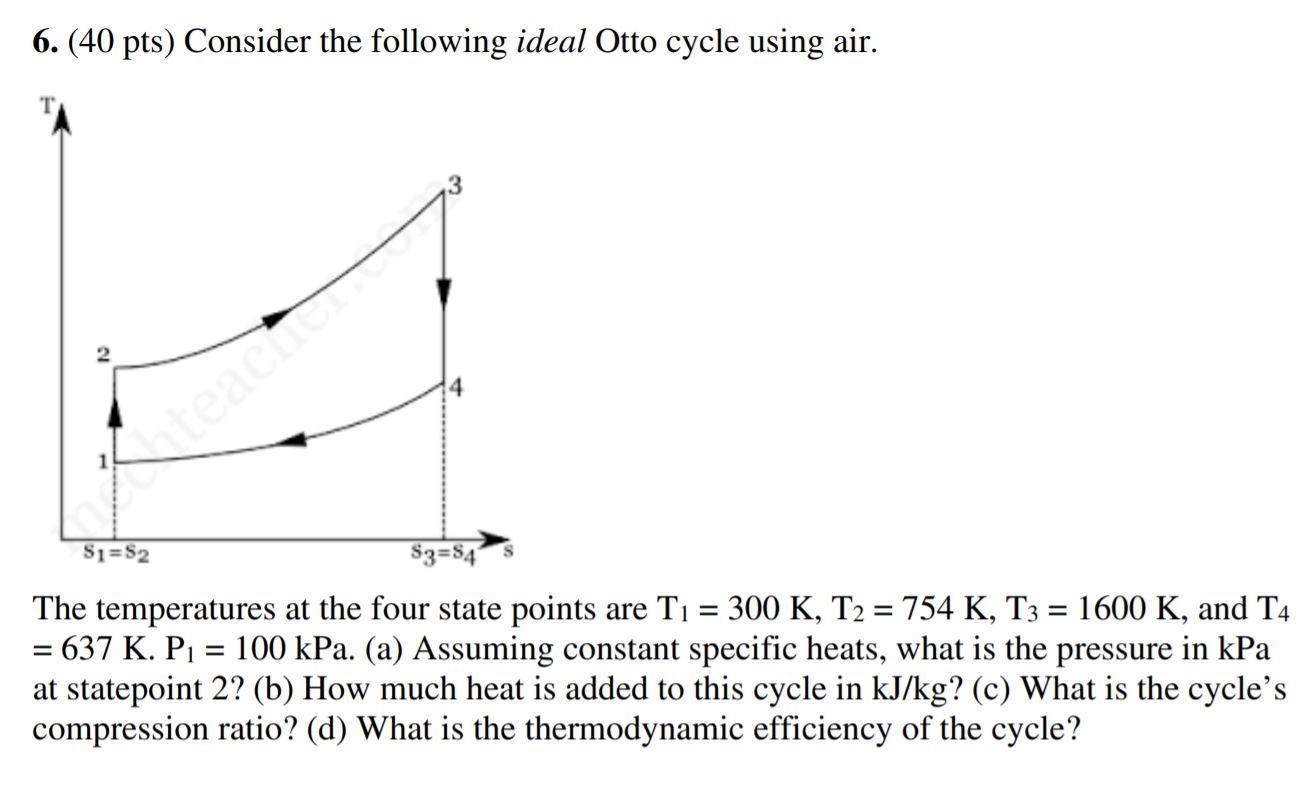 Solved 6. (40 pts) Consider the following ideal Otto cycle | Chegg.com