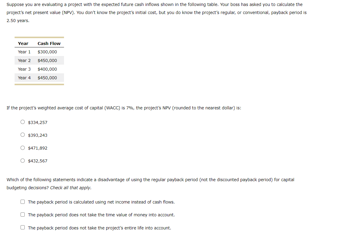 Solved Suppose you are evaluating a project with the | Chegg.com