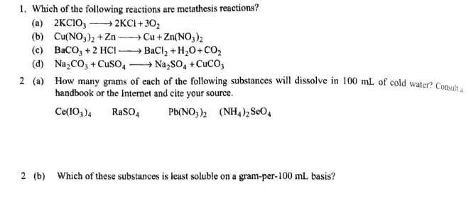 Solved 1. Which of the following reactions are metathesis | Chegg.com