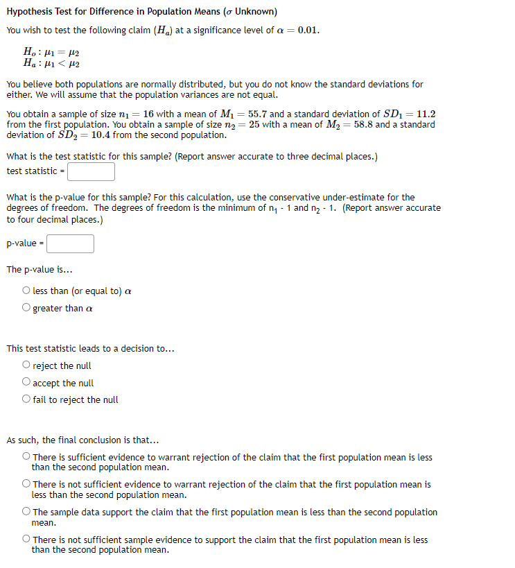 Solved Hypothesis Test for Difference in Population Means ( | Chegg.com