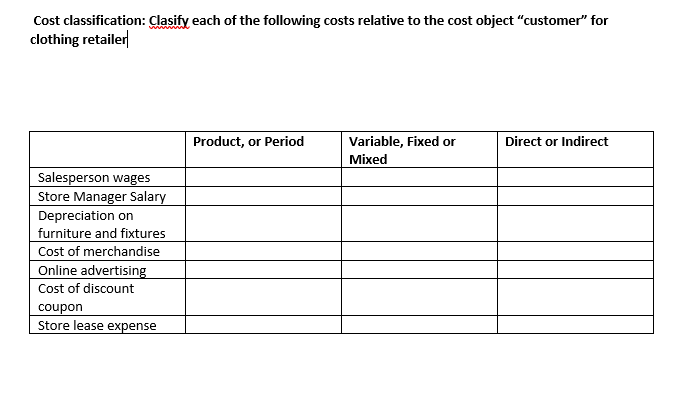 Solved Cost classification: Clasify each of the following | Chegg.com