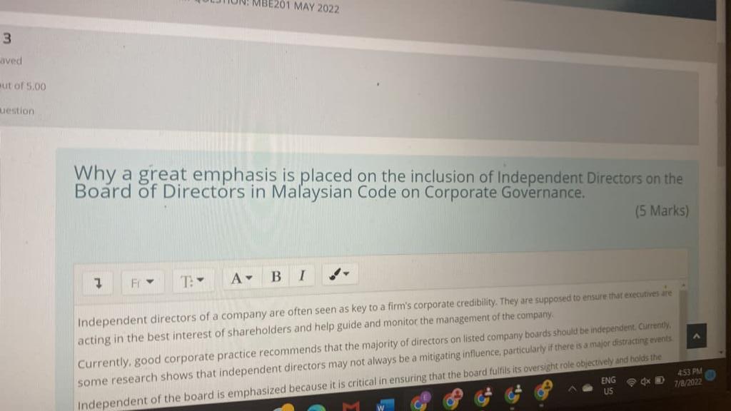 Why a great emphasis is placed on the inclusion of Independent Directors on the Board of Directors in Malaysian Code on Corpo