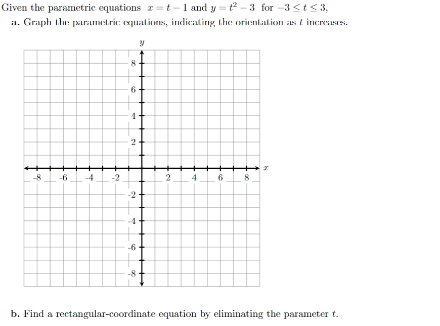 Solved Given the parametric equations x=t−1 and y=t2−3 for | Chegg.com