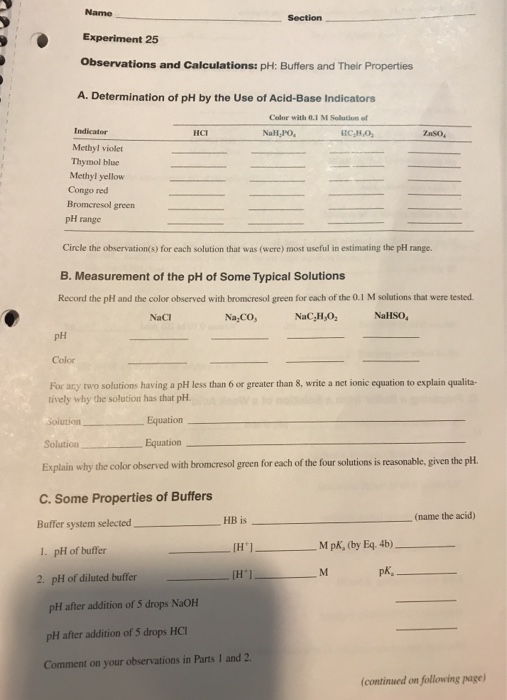 Solved Experiment 25 pH Measurements Buffers and Their