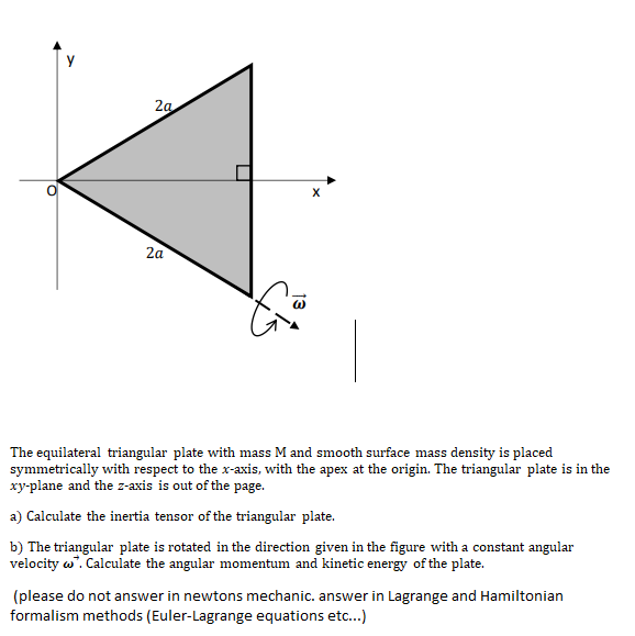 Solved The equilateral triangular plate with mass M and | Chegg.com