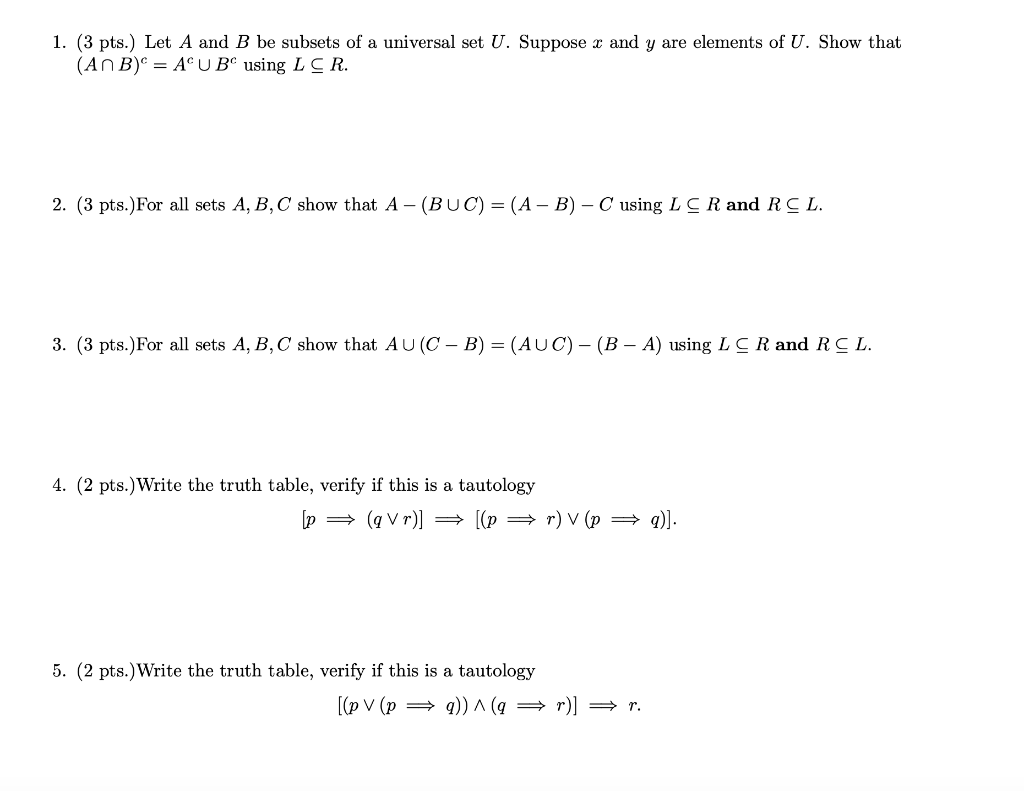 Solved 1 3 Pts Let A And B Be Subsets Of A Universal Chegg Com