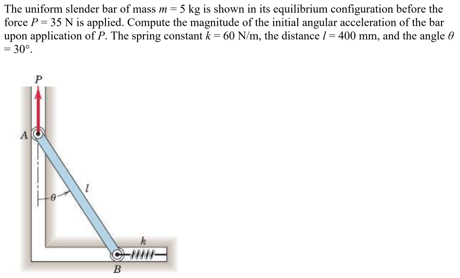 Solved The uniform slender bar of mass m= 5 kg is shown in | Chegg.com