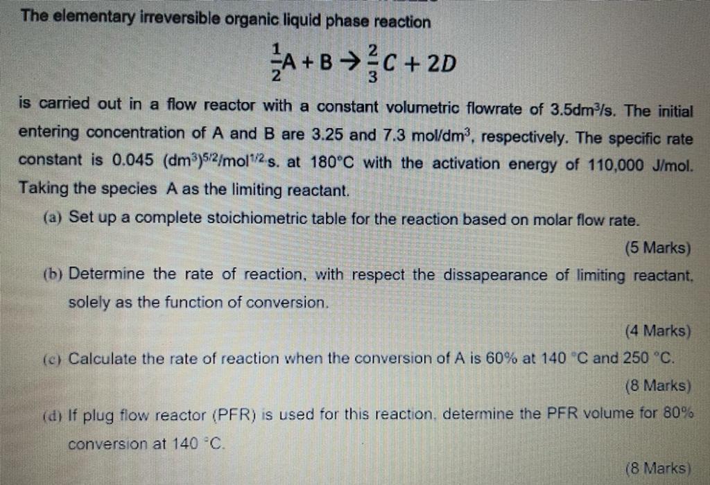 Solved The elementary irreversible organic liquid phase | Chegg.com