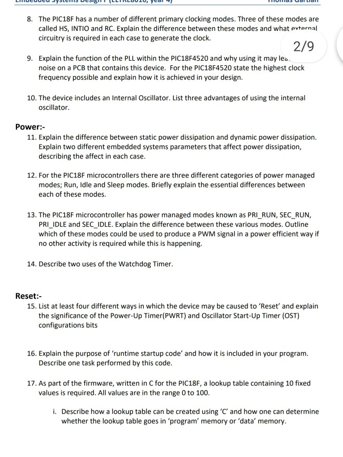 LIVCuucu Jyslelis DESIBILI (LLTILBULU, yeal 41 THIUllas Ual Llall 8. The PIC18F has a number of different primary clocking mo