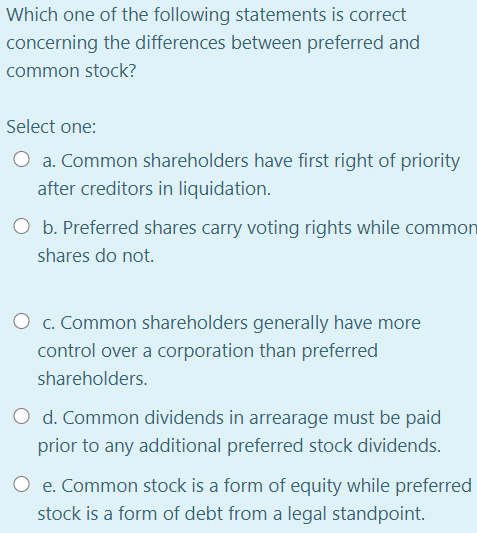Which Of The Following Are Rights Of Common Stock Holders Solved Which one of the following statements is correct | Chegg.com