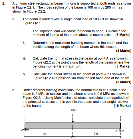 Figure Q2.1. The cross section of the beam is \( 100 \mathrm{~mm} \) by \( 200 \mathrm{~mm} \) as hown in Figure Q2.2.

The b