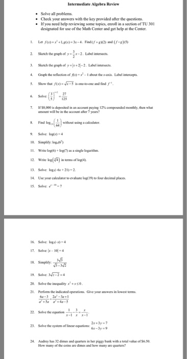 Solved Intermediate Algebra Reviev e Solve all problems . | Chegg.com