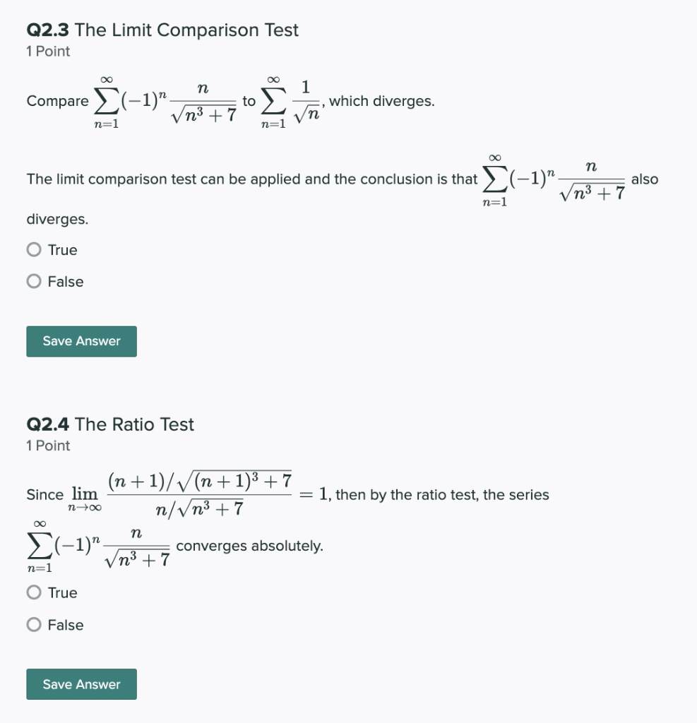 Solved Q2.3 The Limit Comparison Test 1 Point Compare | Chegg.com