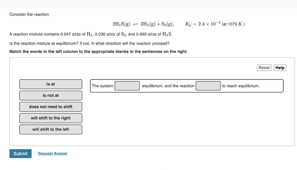 Solved Consider The Reaction 2h2 S G⇌2h2 Gs2 0646