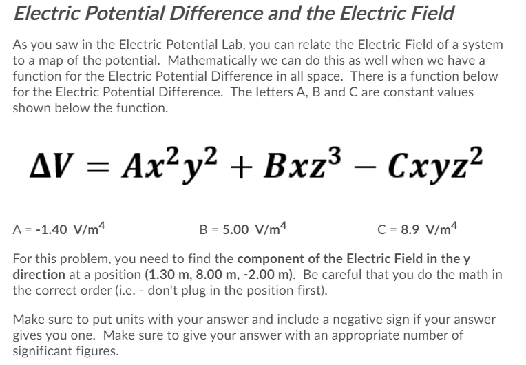 Solved Electric Potential Difference and the Electric Field | Chegg.com