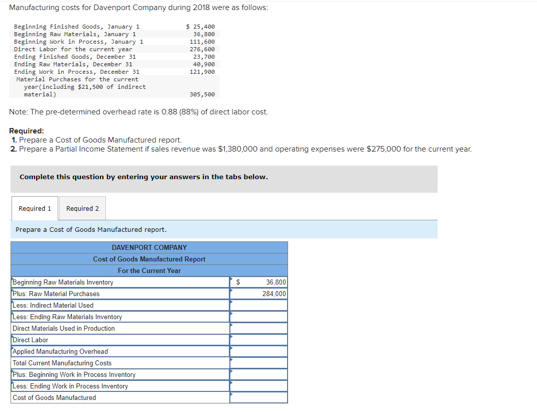 Solved Manufacturing costs for Davenport Company during 2018