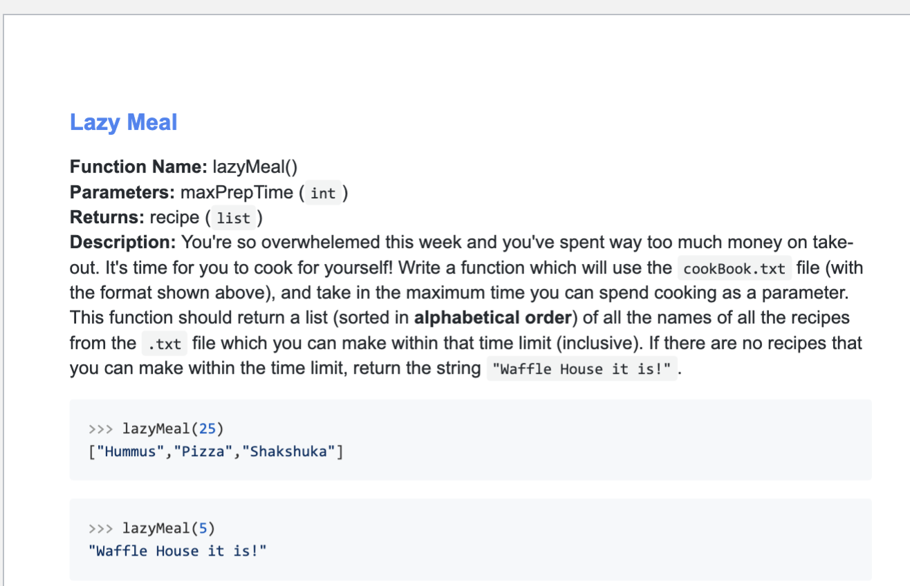 Solved Lazy Meal Function Name: lazyMeal() Parameters: | Chegg.com
