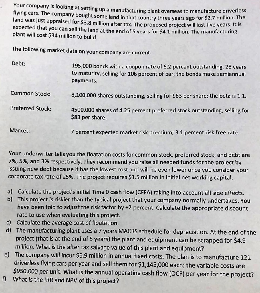 Solved Your company is looking at setting up a manufacturing