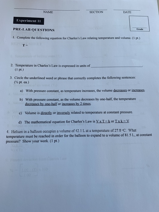 Solved NAME SECTION DATE Experiment 11 PRE-LAB QUESTIONS 1. | Chegg.com