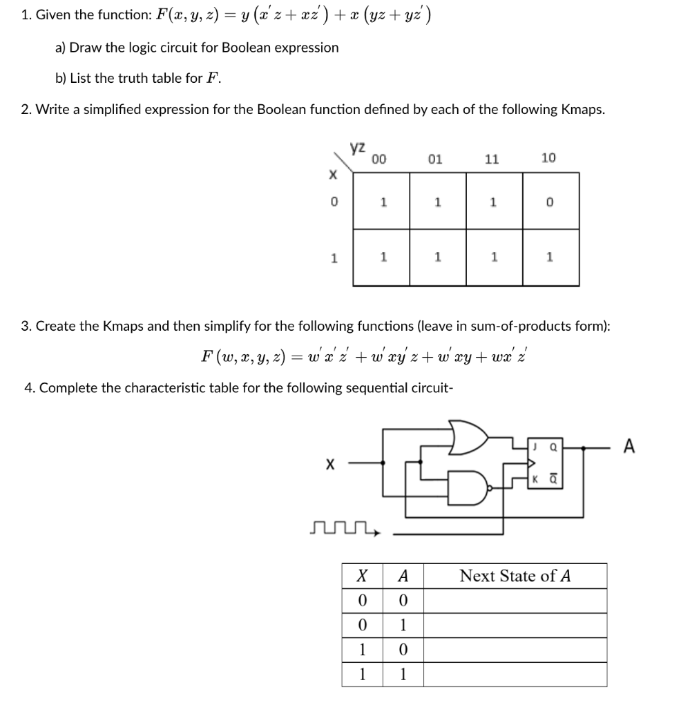 Solved Given The Function F X Y Z Y X Z Xz