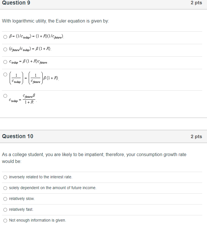 Solved Question 9 2 pts With logarithmic utility, the Euler