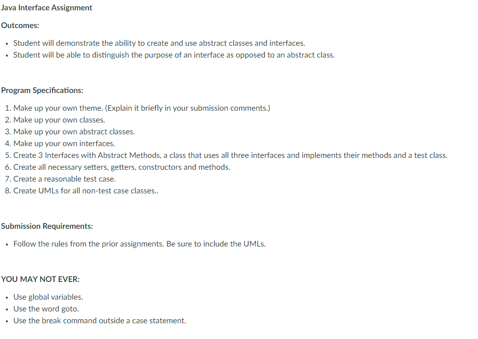 Solved Java Interface Assignment Outcomes: • Student will | Chegg.com