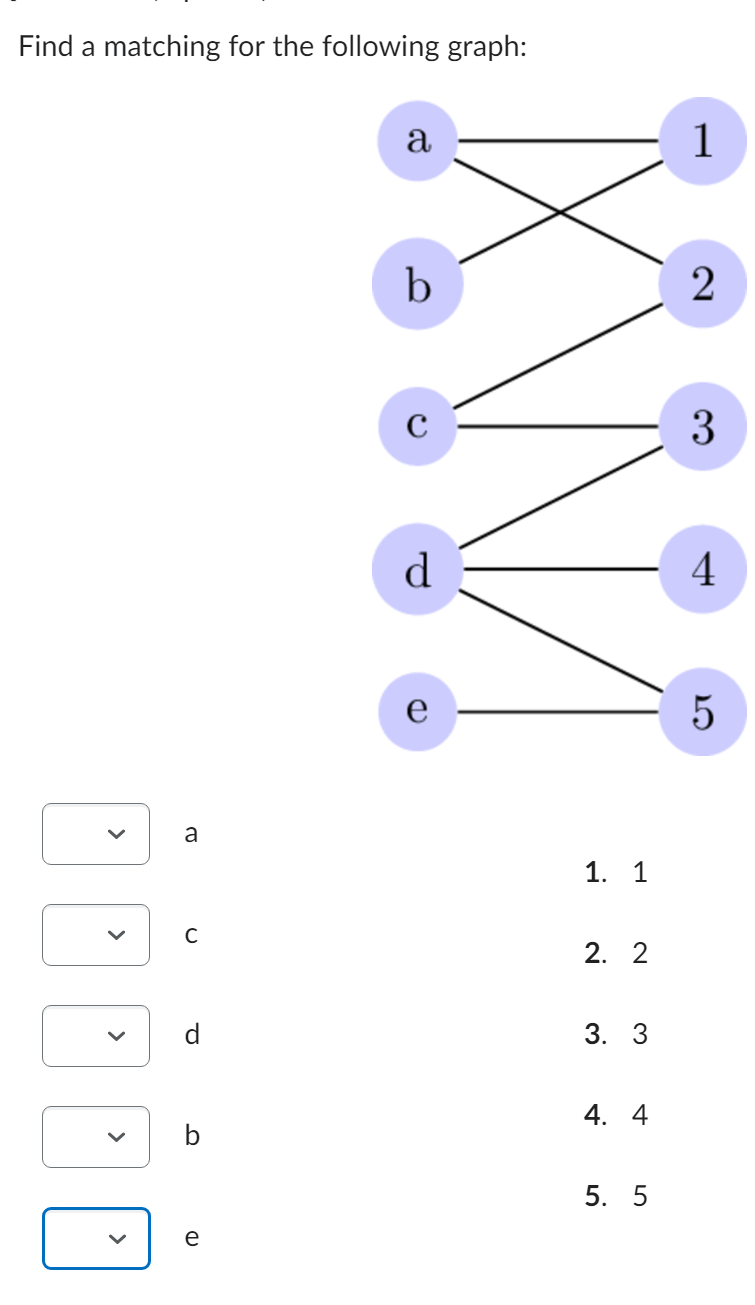 Solved Find A Matching For The Following Graph A1c2d3b45e Chegg Solved Find A Matching For The Following Graph A1c2d3b45e Chegg