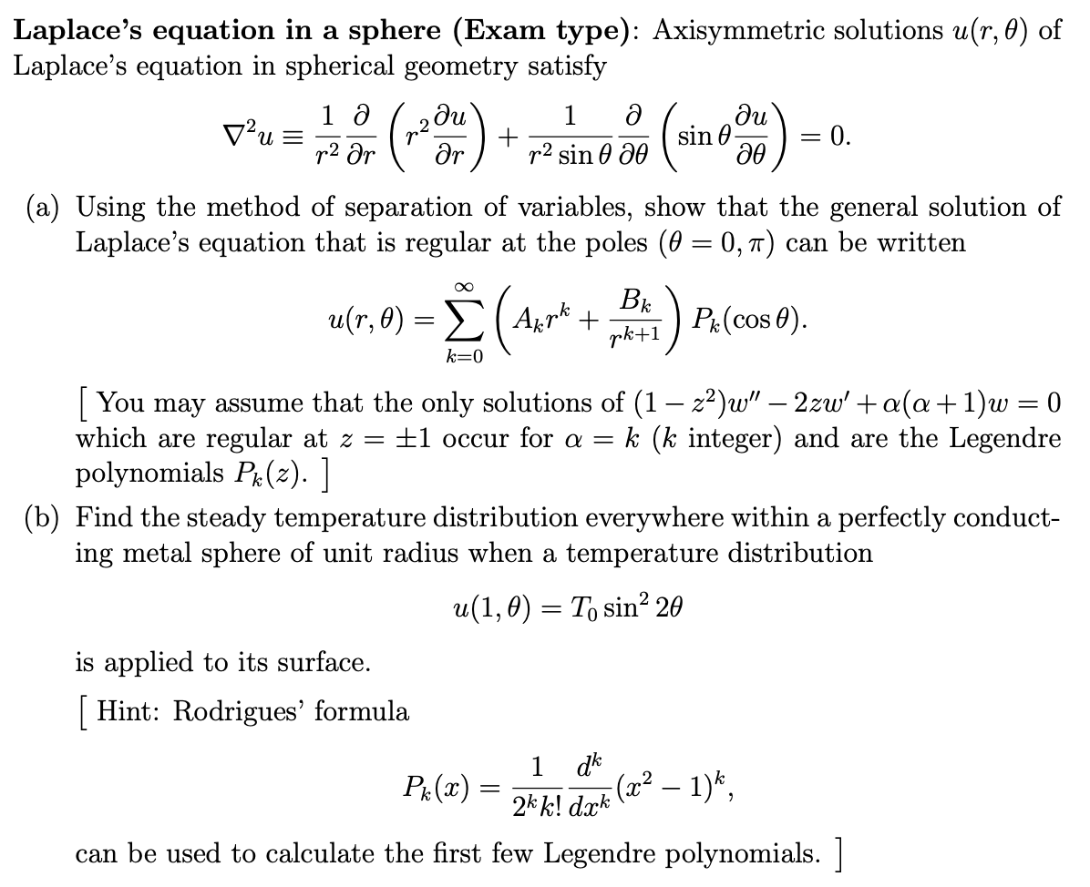 Laplace's equation in a sphere (Exam type): | Chegg.com
