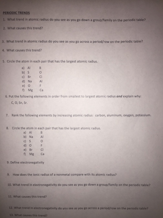 Solved What trend in atomic radius do you see as you go down