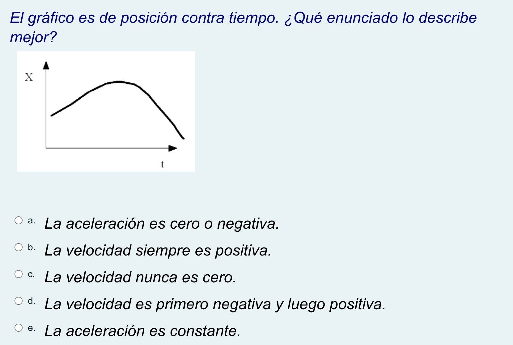 El gráfico es de posición contra tiempo. ¿Qué enunciado lo describe mejor? a. La aceleración es cero o negativa. b. La veloci