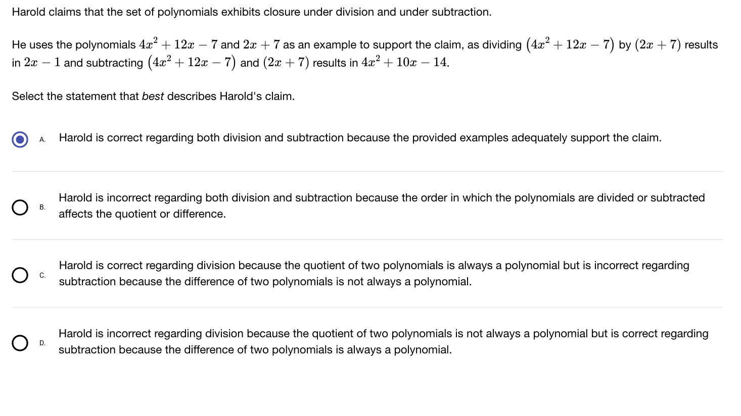 Solved Harold claims that the set of polynomials exhibits | Chegg.com
