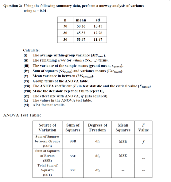 Solved Question 1: Using the following data, perform an | Chegg.com