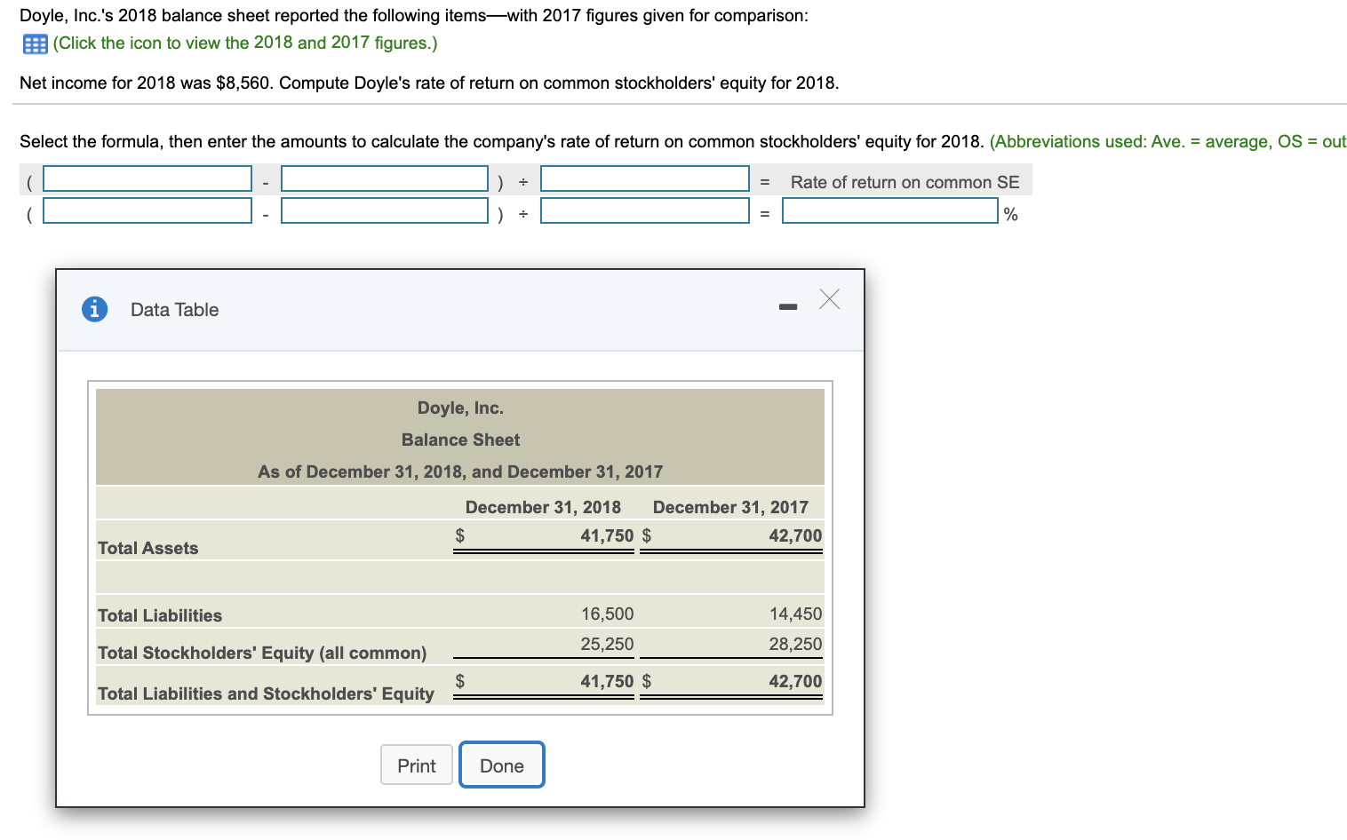 Solved Doyle, Inc.'s 2018 balance sheet reported the | Chegg.com