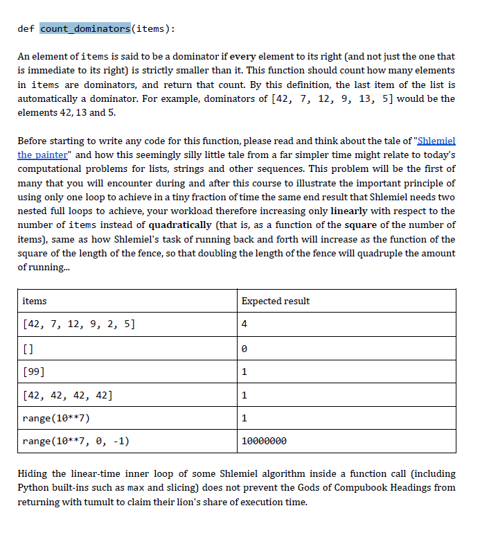Integer Dominator Example Solved def count_dominators(items): An element of items is | Chegg.com