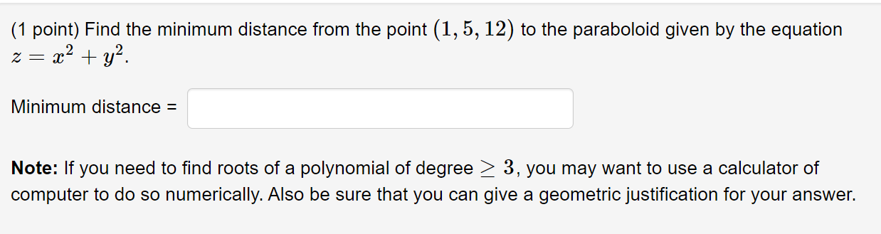 Solved (1 point) Find the minimum distance from the point | Chegg.com