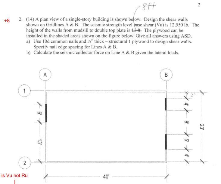 2. (14) A plan view of a single-story building is shown below. Design the shear walls shown on Gridlines A \& B. The seismic 