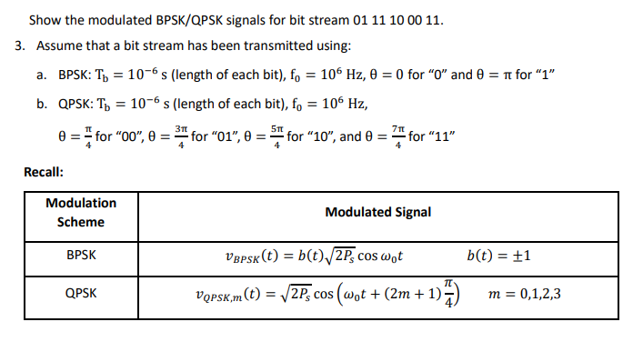 Show the modulated BPSK/QPSK signals for bit stream | Chegg.com