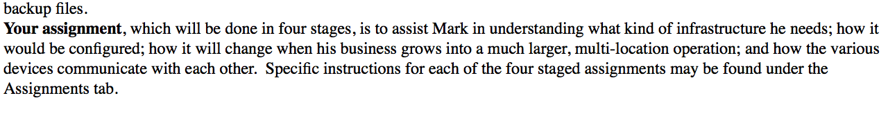 backup files. your assignment, which will be done in four stages, is to assist mark in understanding what kind of infrastruct