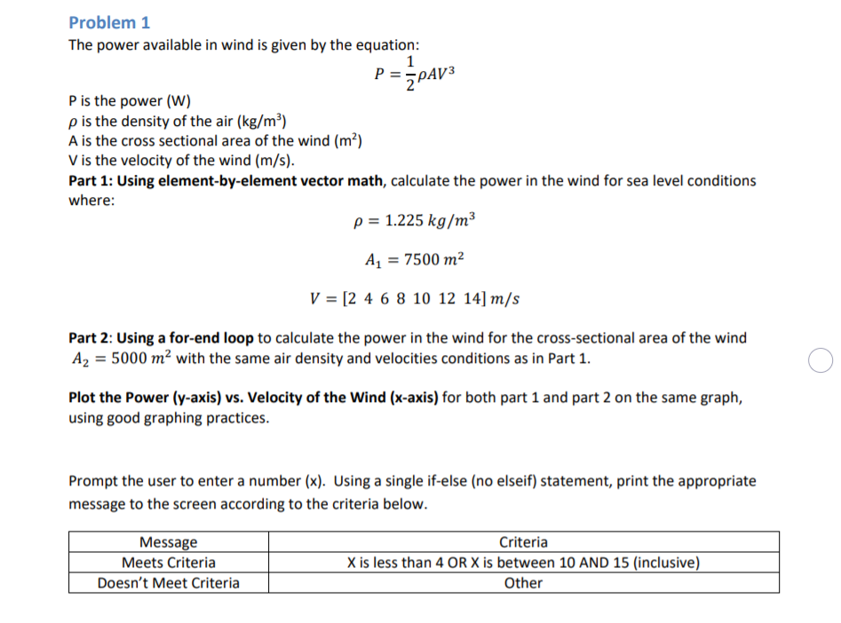 Solved Problem 1 The power available in wind is given by the | Chegg.com