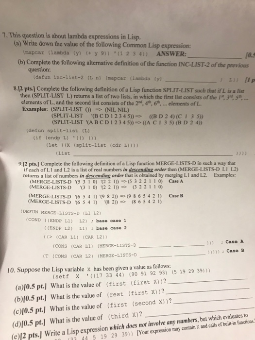 7. This question is about lambda expressions in Lisp. | Chegg.com