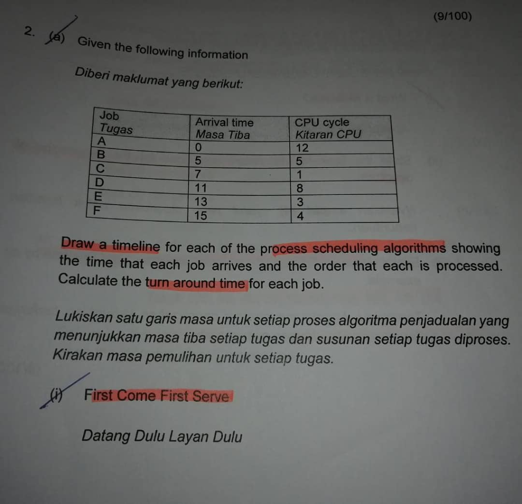(9/100) 2. Ja) Given the following information Diberi maklumat yang berikut: Job CPU cycle Kitaran CPU Arrival time Masa Tiba