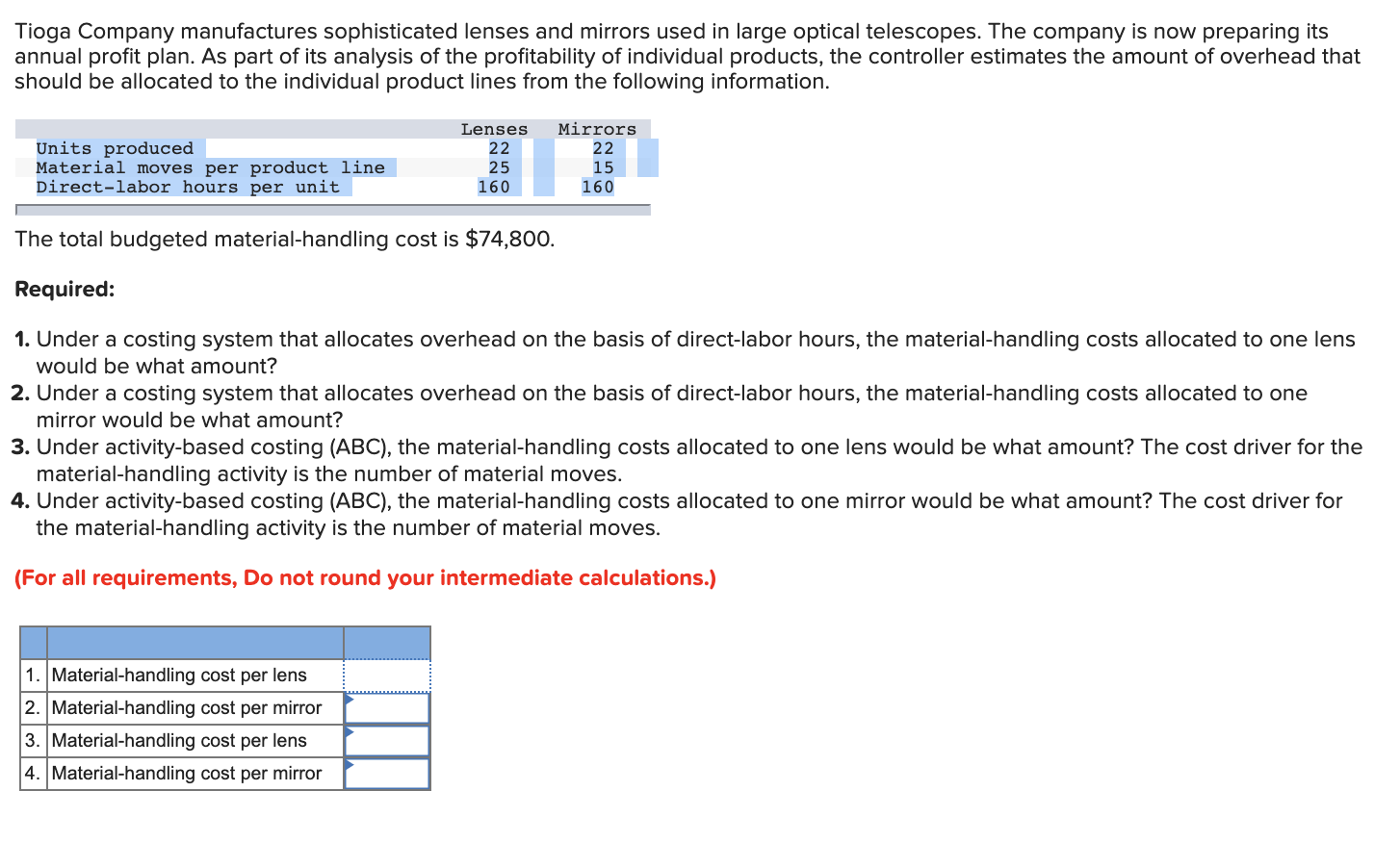 Solved Tioga Company manufactures sophisticated lenses and