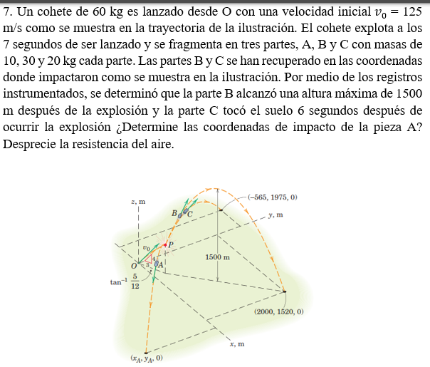 7. Un cohete de \( 60 \mathrm{~kg} \) es lanzado desde \( \mathrm{O} \) con una velocidad inicial \( v_{0}=125 \) \( \mathrm{