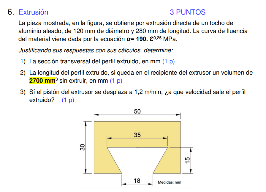 Extrusión 3 PUNTOS La pieza mostrada, en la figura, se obtiene por extrusión directa de un tocho de aluminio aleado, de \( 12