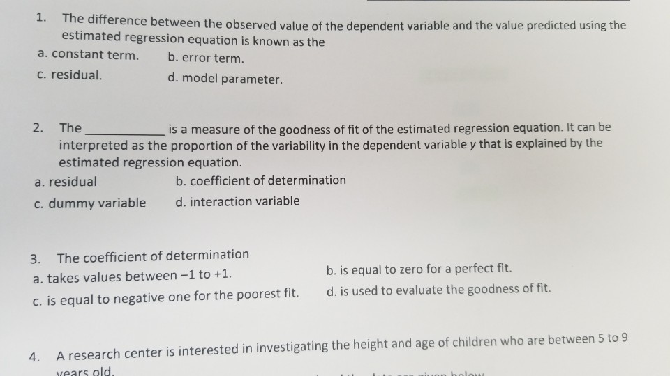 Solved erence between the observed value of the dependent | Chegg.com