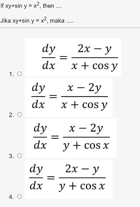 Solved If Xy Sin Y X2 Then Jika Xy Sin Y X2 Maka Chegg Com