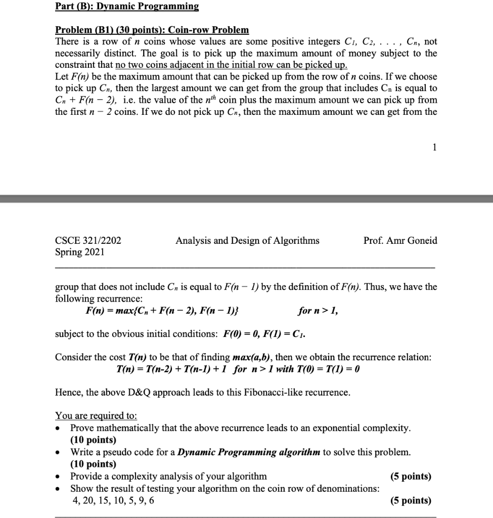 Solved Part (B): Dynamic Programming Problem (B1) (30 | Chegg.com