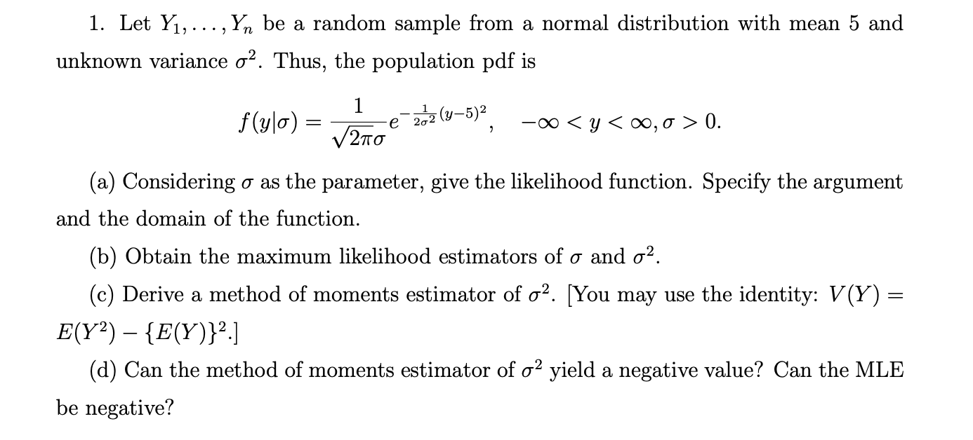 1 Let Y1 Yn Be A Random Sample From A Normal Chegg Com