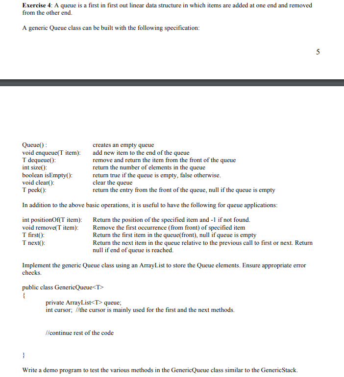 Solved Exercise 4: A queue is a first in first out linear | Chegg.com
